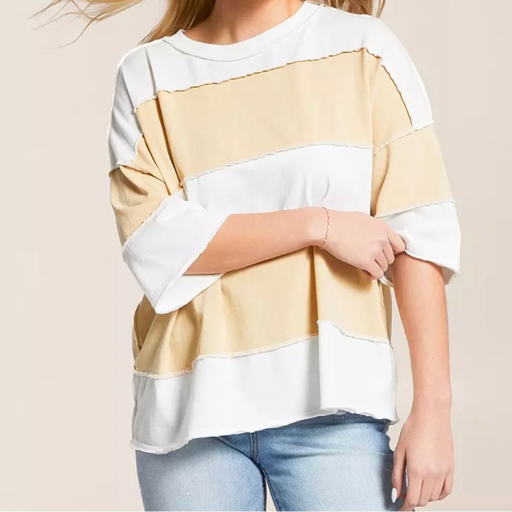 Free People White and Tan Striped Tee NWOT - Picture 2 of 3